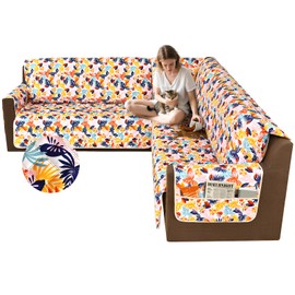 ALIECOM Couch Covers for Sectional Sofa 1OO% Waterproof L Shape Sofa Slipcovers Corner Sectional Sofa Cover Washable Printed Dog Pet Friendly Protector with Pocket (Tropical Leaf, XX-Large)