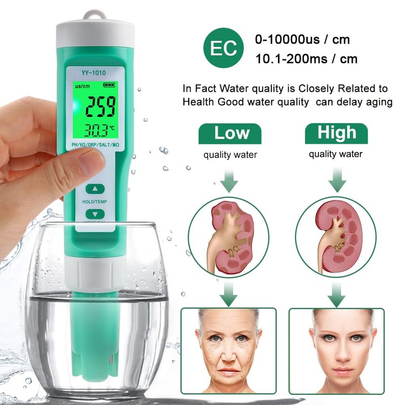 Hydrogen Water Tester 10 in 1 Resistivity/Fertility/H2/pH/TDS/EC/ORP/S.G/Salt/Temp Meter with ATC