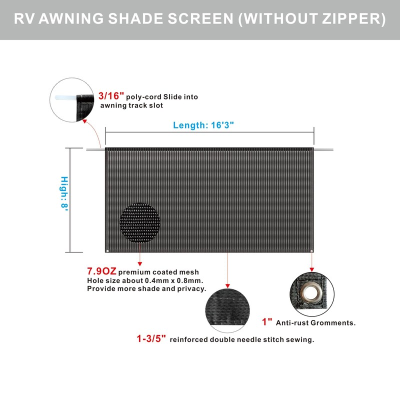 SHADEPLUS RV Awning Shade Screen Without Zipper 8'x16'3'',Black Mesh RV