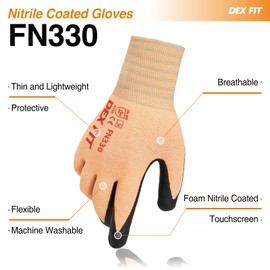DEX FIT Work Gloves FN330, 3D Comfort Stretch Fit, Power Grip, Durable Foam Nitrile Coated, Smart Touch, Thin & Lightweight, Machine Washable (Medium(3 Pairs), FN330 Orange)