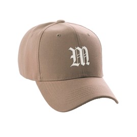 Daxton Structured Baseball Hat Cap Curved Visor Old English Font Alphabet A to Z, Khaki Hat White M