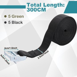 WOPPLXY 10 PCS Tie Down Straps, 25mmx3M Heavy Duty Tension Belts Adjustable, Green Black Ratchet Lashing Straps with Buckle for Cargo, Luggage,Trucks, Motorcycle