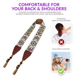 White Woven Vintage Camera Strap for All DSLR Camera. Embroidered Elegant Universal Neck & Shoulder Strap, Floral Pattern, Great Gift for Men & Women Photographers