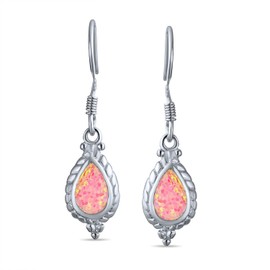 Antique Vintage Style Cable Milgrain Cameo Style Teardrop Iridescent Pink Created Opal Drop Dangle Earrings For Women .925 Sterling Silver French Wire