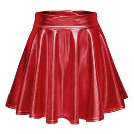 EXCHIC Women's Shiny Metallic Wet Look Stretchy Flared Mini Skater Skirt (XL, Red)
