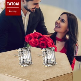 18K White Gold Plated Sterling Silver Emerald Cut Cubic Zirconia Stud Earrings Clear CZ Diamond Stud Earrings for Women Men Hypoallergenic (4MM*6MM, White Gold)