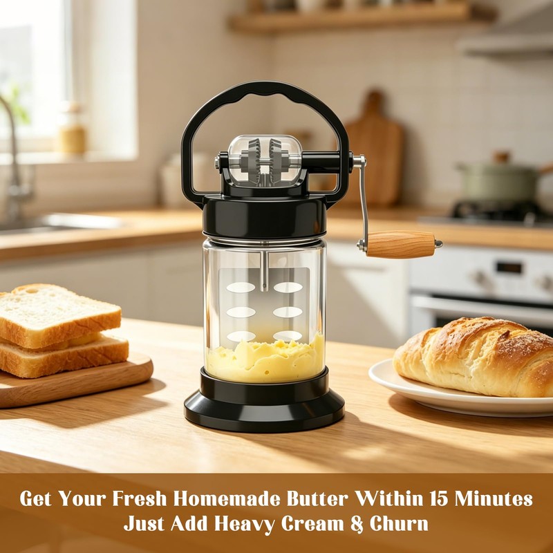 Upgraded 1L Manual Butter Churner with Non-Slip Base & Finger-Safe