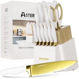 Astercook 15 Pieces Knife Set, Healthy Gold Titanium Coating Kitchen Knife Sets, Full Tang Knives Set with Block and Built-in Sharpener, German Stainless Steel Knife Block Set Dishwasher Safe Gold