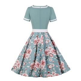 Women 1950s Vintage Polka Dot Cocktail Swing Dress with Belt 50s Short Sleeve Retro Audrey Hepburn Rockabilly Prom Dress A line Floral Spring Garden Dress Formal Tea Evening Dress Green-Floral 2XL