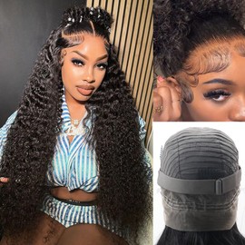 kloiynj Hidden Strap 360 Deep Wave Lace Front Wigs Human Hair 220% Density 360 Glueless Wigs Human Hair with Drawstring 360 Deep Wave Curly HD Full Lace Front Wigs Human Hair Pre Plucked 22 inch