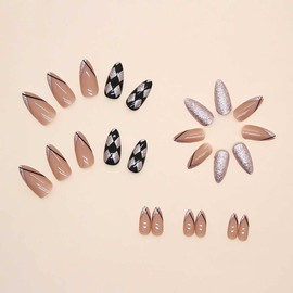 RikView French Tip Press on Nails Long Acrylic Nails Black Nails Almond Fake Nails Glossy Nails for Women