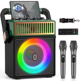 JYX Bluetooth PA Speaker System with 2 Wireless Mics, Retro 60W Karaoke Machine with LED Lights, Supports Recording, USB/TF/AUX/MIC Input for Home Party