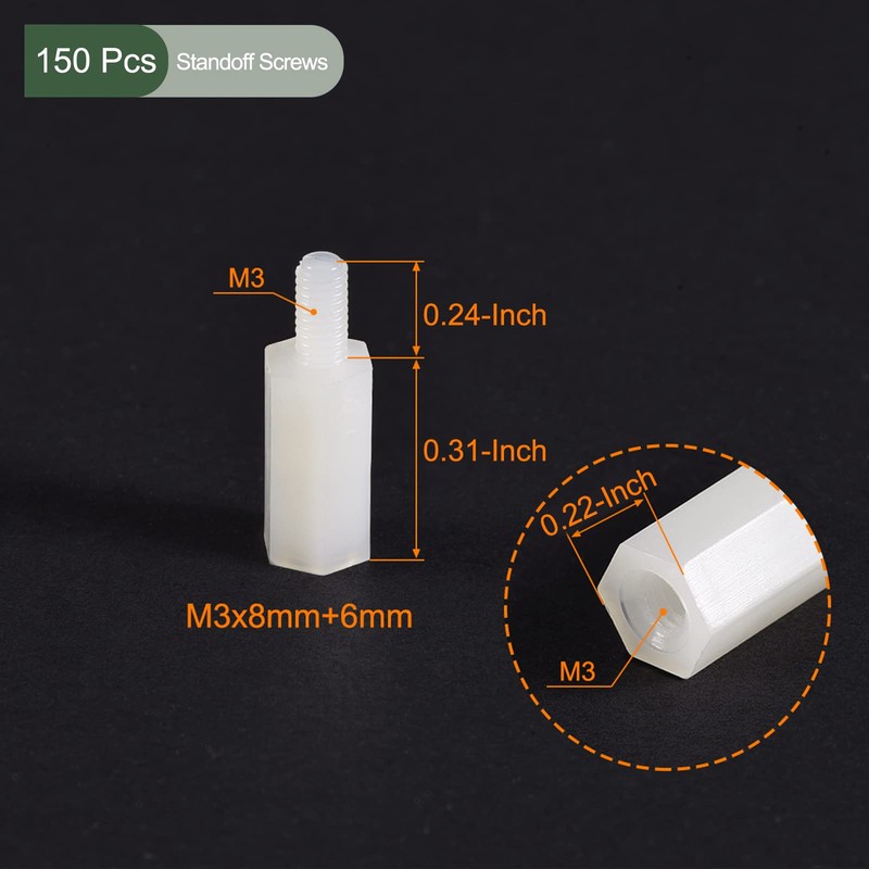 YOKIVE Pack of 150 M3 Spacers Screws Nylon Hexagonal PCB