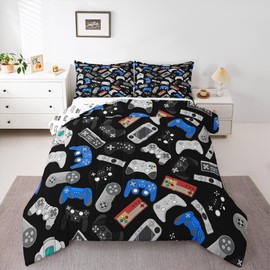 Erosebridal Teens Gamepad Comforter Set, Modern Gamer Down Comforter Twin Size for Kids Boys Children Youth, Video Game Bedding Set Player Gaming Joystick Duvet Insert for Bedroom, Black Blue