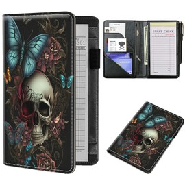Server Books for Waitress 5 x 7.75 inch Black Server Book with Zipper Pocket and 5 Large Pockets 1 Pen Holder Cute Waitress Book Organizer Fit Server Apron - Blue Butterfly Skull