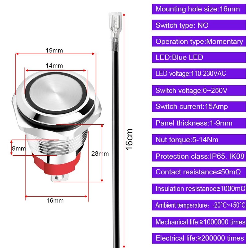 Gebildet Waterproof Momentary Push Button with Blue LED 110-230VAC/15A 16