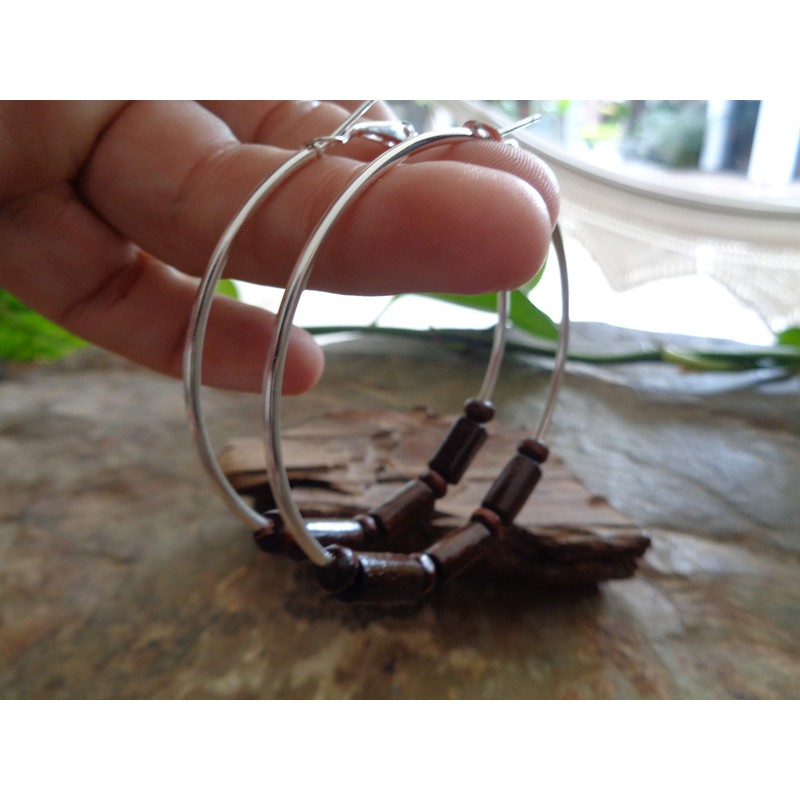 ★ 6 cm large brown ethnic boho wooden hoop earrings
