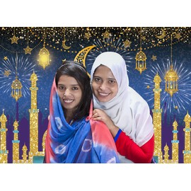 INRUI Eid Mubarak Photography Backdrop Muslim Arabian Night Backdrop Lantern Moon Star Castle Party Decorations Banner (8x6FT)