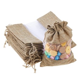 SUPERFINDINGS 50Pcs 19x13cm Burlap Bag with Drawstring Linen Sacks Bag Brown Favor Bags Organza Gift Bags Visual Window for Gifts Candy Small Items Art DIY Craft Wedding Shower Favors