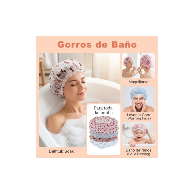 Gorro de Ducha Impermeable 5Pzs, Gorra de Baño Mujer Elástico,