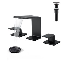 PerPaiMe Bathroom Faucet 3 Hole - 8 Inch Waterfall Bathroom Faucets, Black Bathroom Sink Faucets with Pop Up Drain, Modern Widespread Elegant Faucet, P3009B