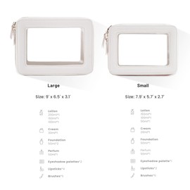 Aveniee Clear Makeup Bag Organizer, Portable Travel Toiletry Cosmetic Case for Women, Vegan Leather Make Up Pouch with Clear Windows & Gold Zippers 2pcs(Middle+Large)- White