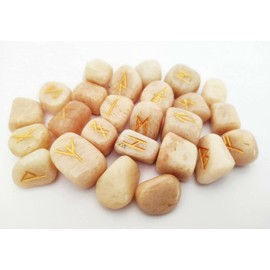 Sharvgun Peach Moonstone Rune Set 25 Piece Set with Runic MDF Wood Chart Engraved Symbolic Pagan Lettering Velvet Black/Red Pouch Included Gift Box