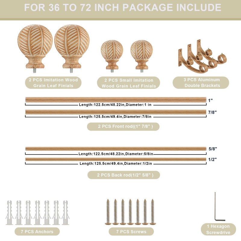 Mayrhyme Wood Double Curtain Rods Set for Windows 36 to