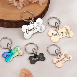 Anavia Floral Pet ID Tags, Birth Month Flowers Theme Dog Tag Round Bone Shape Cat Name Tag, Glossy Stainless Steel Gold Plated Dog Collar Tag (Bone Shape - Gold, Large)
