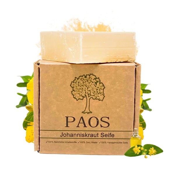 PAOS St. John's Wort Soap, Approx. 150 g, Natural Soap, Natural Cosmetics, Recommended for Acne, Pimples, Blackheads, Mushrooms & Neurodermatitis, Vegan, Cruelty Free