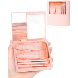 PGRODE Juego de brochas de maquillaje de tamaño pequeño con estuche rígido y espejo integrado, 5 brochas de maquillaje pequeñas, juego de utensilios  