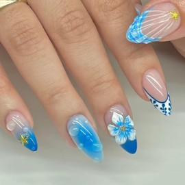 24pcs Blue Flower French Tip Press On Nails With Glue Gold 3D Starfish Shells Medium Almond False Nails Blue Gradient Acrylic Nails for Women Summer Manicure