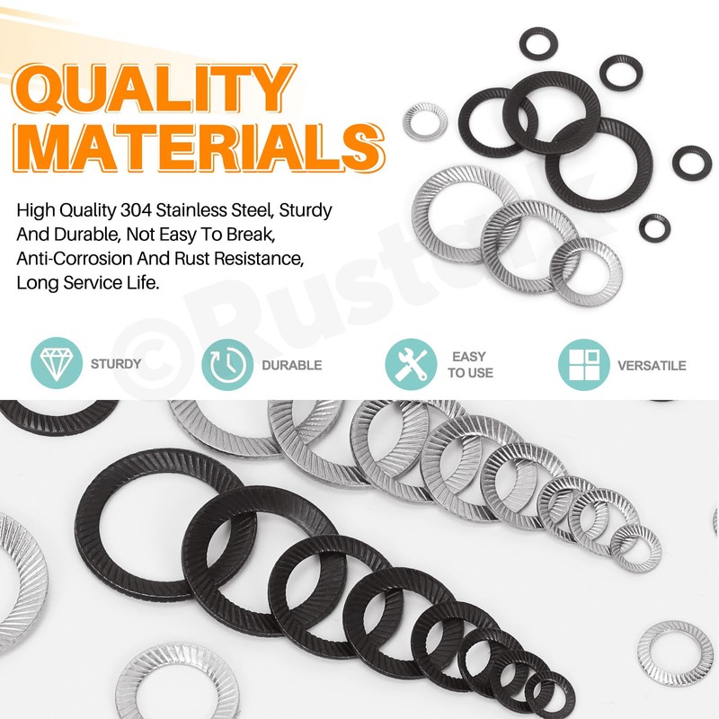 Rustark 160Pcs 9 Sizes 65Mn Double Side Lock Washers Black