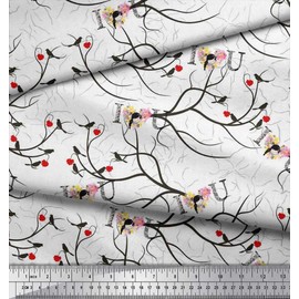 Soimoi White Silk Fabric Floral,Rat & Cat Artistic Print Fabric BTY 42 Inch Wide