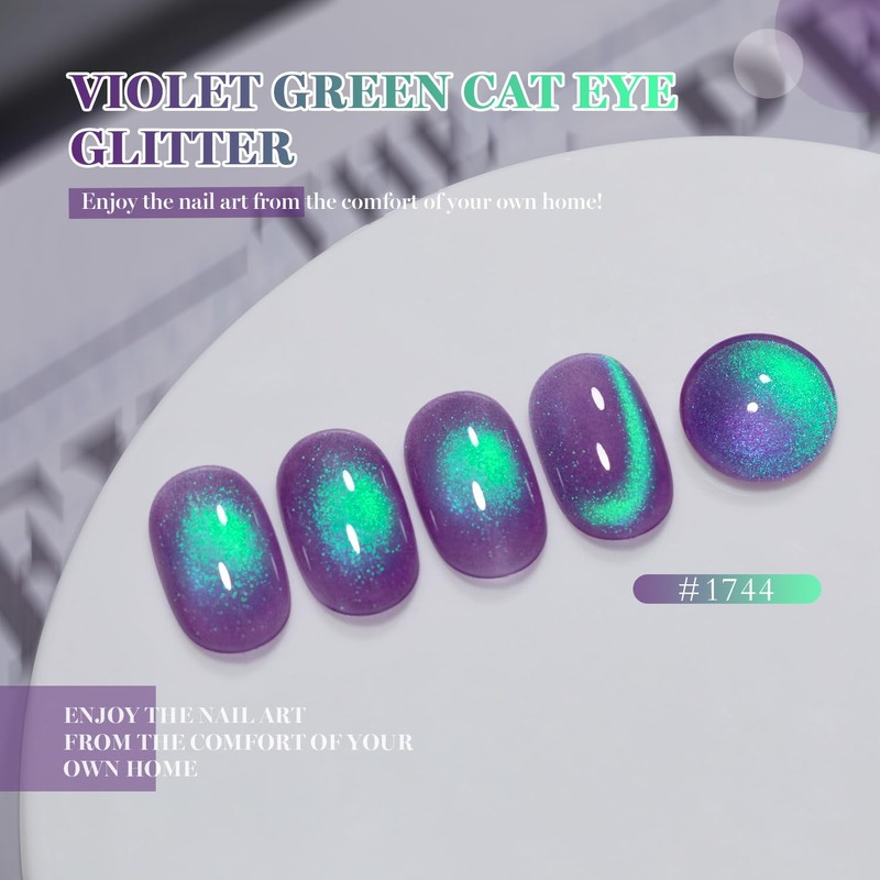 Deep Violet Green Glitter Cat Eye Gel Nail Polish with