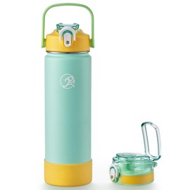 GOSWAG Insulated Water Bottle Stainless Steel 24 oz, Sports Water Bottles with 2 Lids (with Straw/No Straw) Handle and Silicone Boot for School, Travel, Thermos with Double-Wall Vacuum Insulation