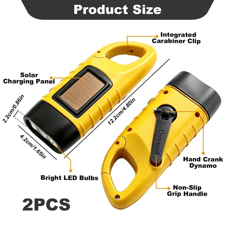 2 Pack Wind Up Torch, LED Torch with Solar Power