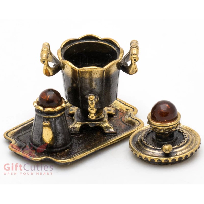 Brass Amber Figurine souvenir of Russian Samovar Teapot set souvenir