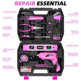 URASISTO 123 Piece Pink Household Tool Set with 3.6V USB Electric Screwdriver, Home Tool Kit with Cordless Lithium-ion Drill Driver, HandTool Kits for Women