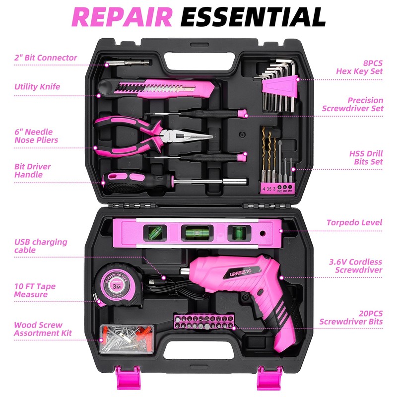 URASISTO 123 Piece Pink Household Tool Set with 3.6V USB