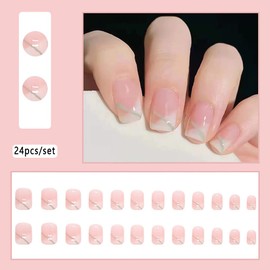 Wedity 24 PCS Short Nail Stickers Ice Translucent Yellow and Blue French Fake Nail Stickers Press on False Nails Daily Wear Artificial Nails False Nails (F)