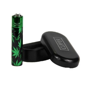 CLIPPER REFILLABLE FULL METAL LIGHTER GREEN LEAVES WITH METAL TIN 1 - 12 PACK - BLACK TOP