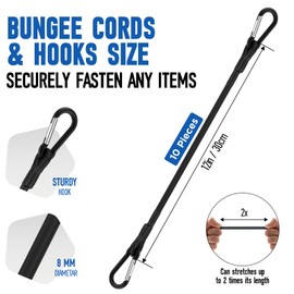 MILYARD 12 Inch Mini Bungee Cords with Carabiner Hooks, Black Short Bungee Rope with Clips, Heavy Duty Elastic Tie Downs Straps for Camping Tarps Bike Rack Tent Luggage Rack Cargo RV (10 Pack)