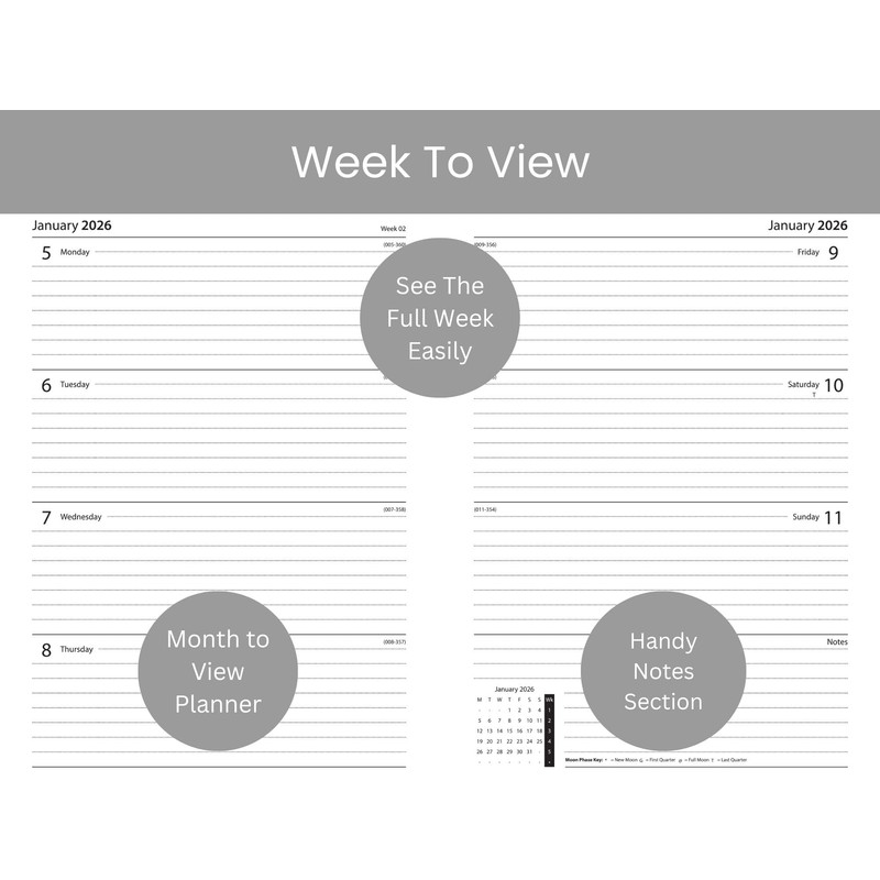 2026 A4 Diary Week To View - Grey Blue Faux