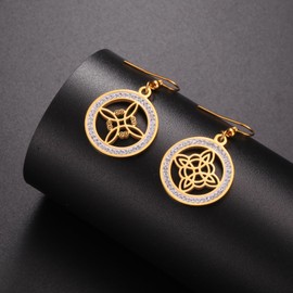 Dreamtimes Witch Knot Earrings for Women Stainless Steel Light Gold Colour Zircon Round Earrings Celtic Quaternary Witch Knot Earrings Witchcraft Amulet Jewellery, Stainless Steel