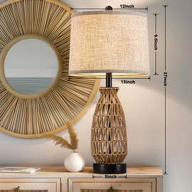 Boho Table Lamp Set of 2, 27" Handwoven Rattan Lamps with Fabric Shade, Bohemian Farmhouse Bedside Lamp Modern Wicker Lamps with Rotary Switch for Bedroom Living Room Nightstands Dorm Farmhouse Decor