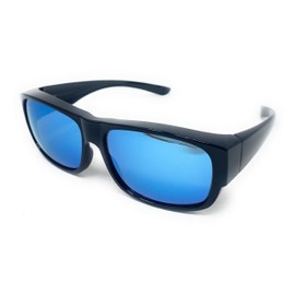 The Mirrored Fit Over Glasses, OTG, Polarized Unisex Wrap-Around Sunglasses for Men and Women, Glossy Black with Mirrored Blue Lens