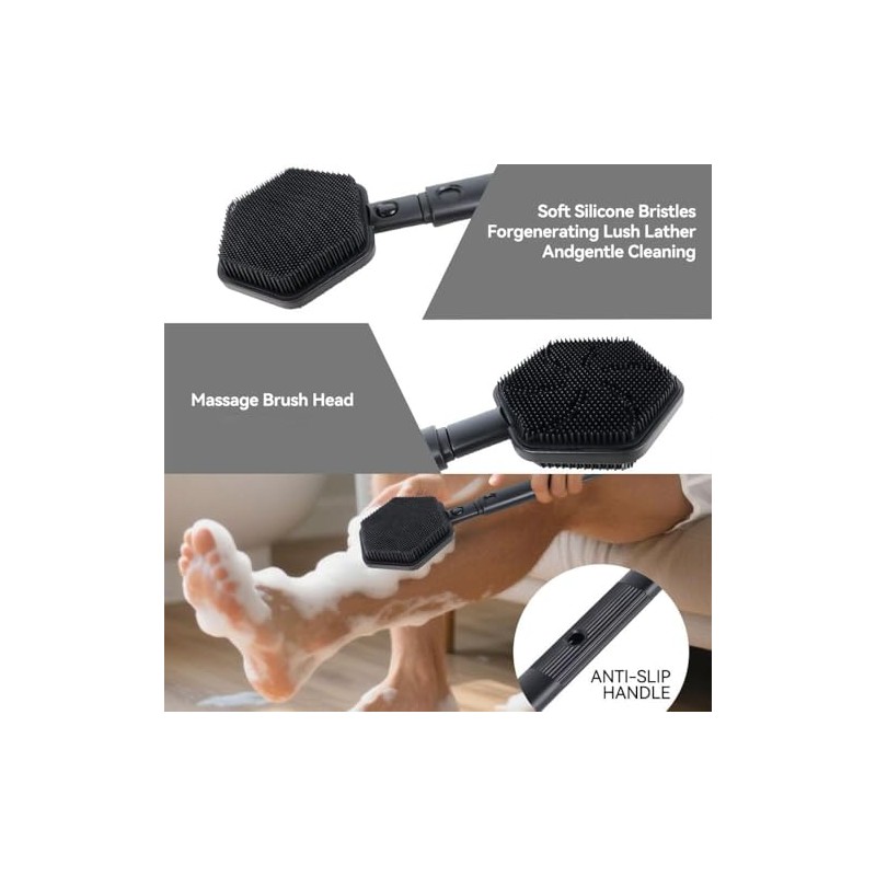 Cepillo de ducha extensible con mango largo，cepillo de silicona