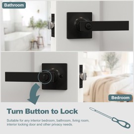 Door Handles Interior with Door Turn Lock - Privacy Heavy Duty Keyless Door Knobs, Black Reversible Square Door levers for Bathroom, Bedroom, and Rooms (2 Pack, Matte Black)