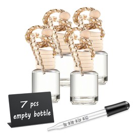 7 PCS Mini Cute Glass Bottle with Suspended Wooden Cover and Plastic Dropper,Car Air Freshener Perfume Bottle,Empty DIY Bottle Décor